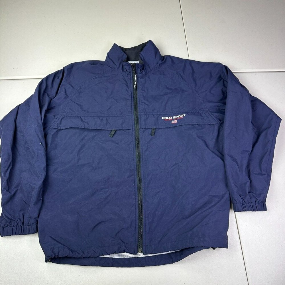 VTG Polo Sport Ralph Lauren Windbreaker Jacket Navy Blue Spellout M Ventilation